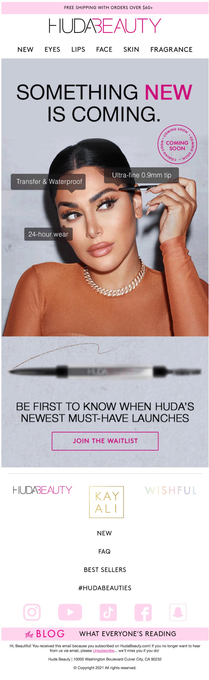 Huda Beauty mysterious product launch email. Image reads "something new is coming" 