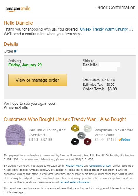 amazon example of an order confirmation email