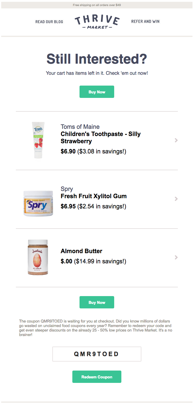thrive market cart abandonment emails