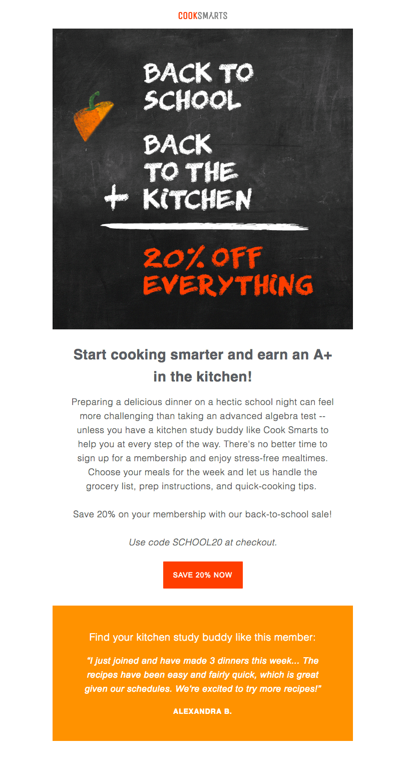 Cook Smarts back-to-school sales emails