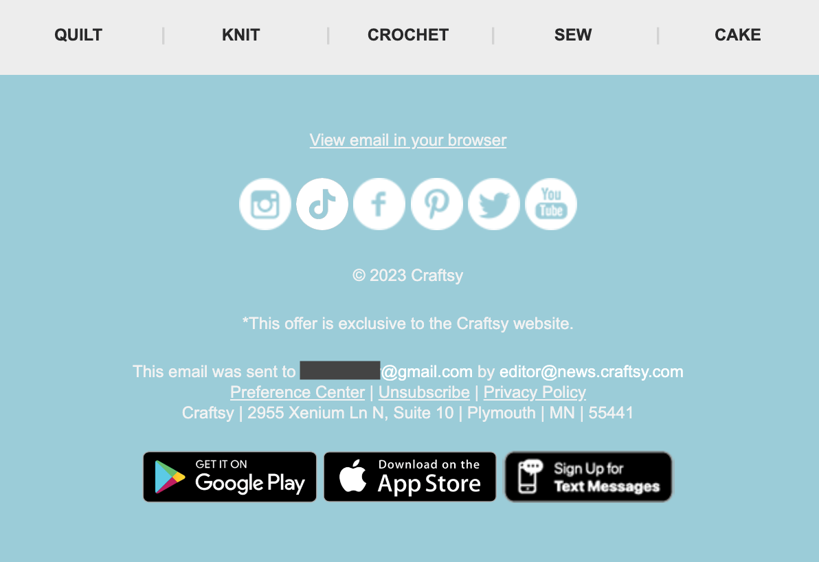 Craftsy email newsletter footer