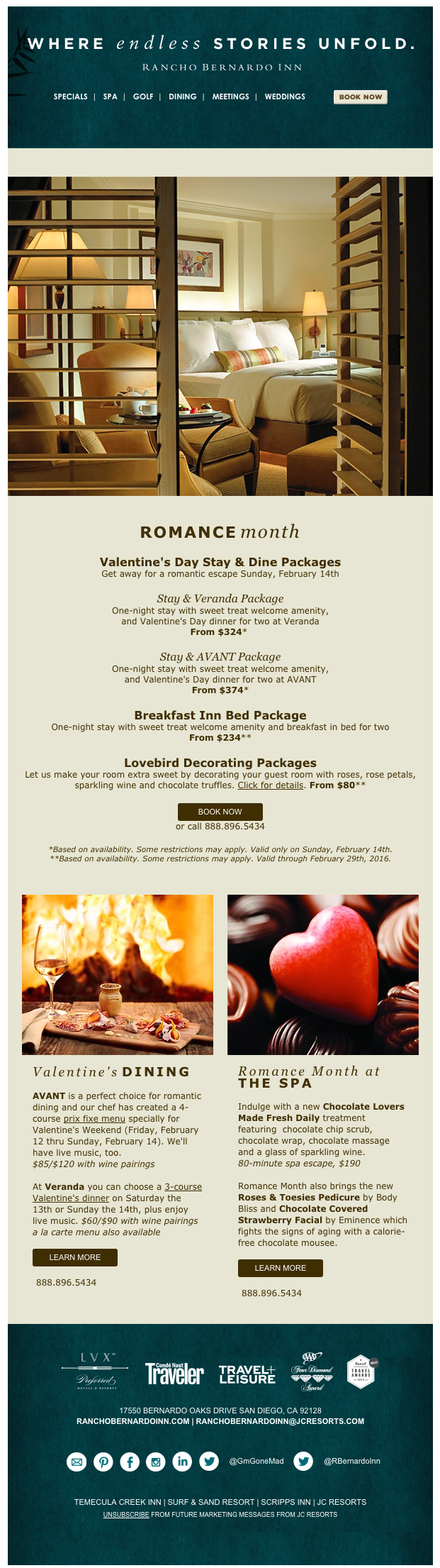 Alluring and romantic Valentine's Day email, without hearts! From Rancho Bernardo Inn, near San Diego