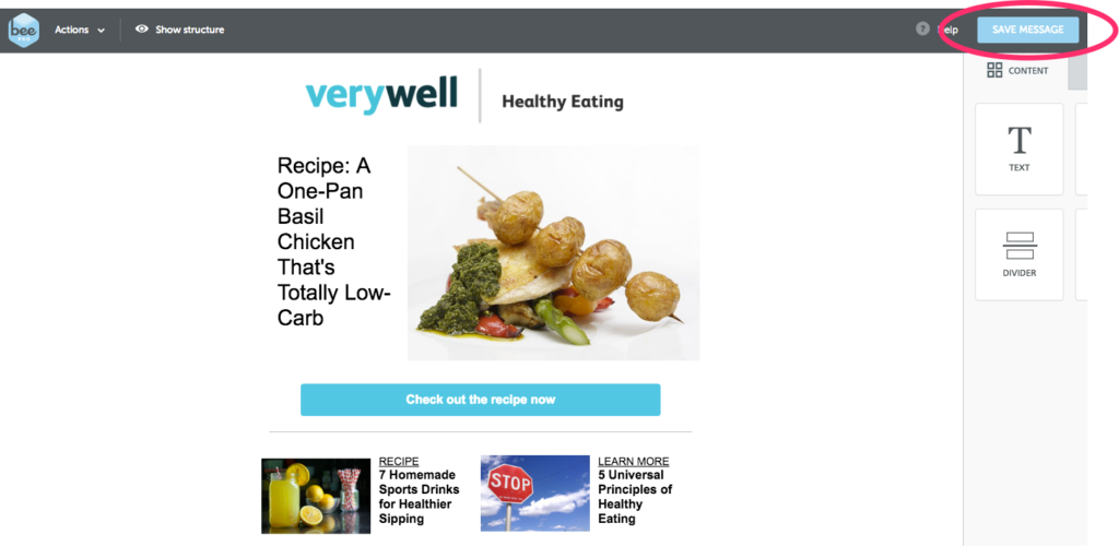 Verywell A/B testing BEE Pro save message