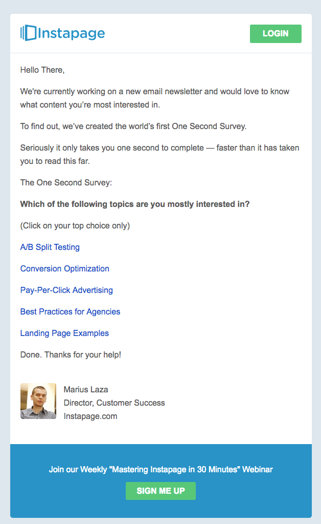 Instapage survey invitation emails