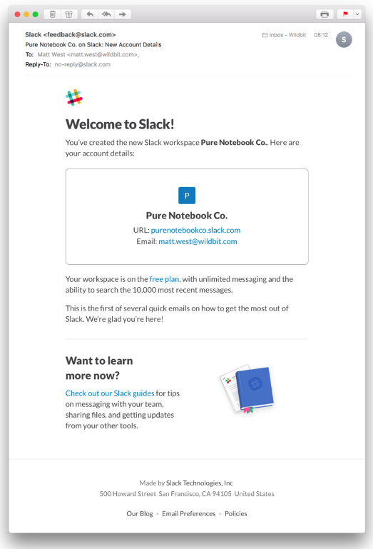 Slack welcome saas email