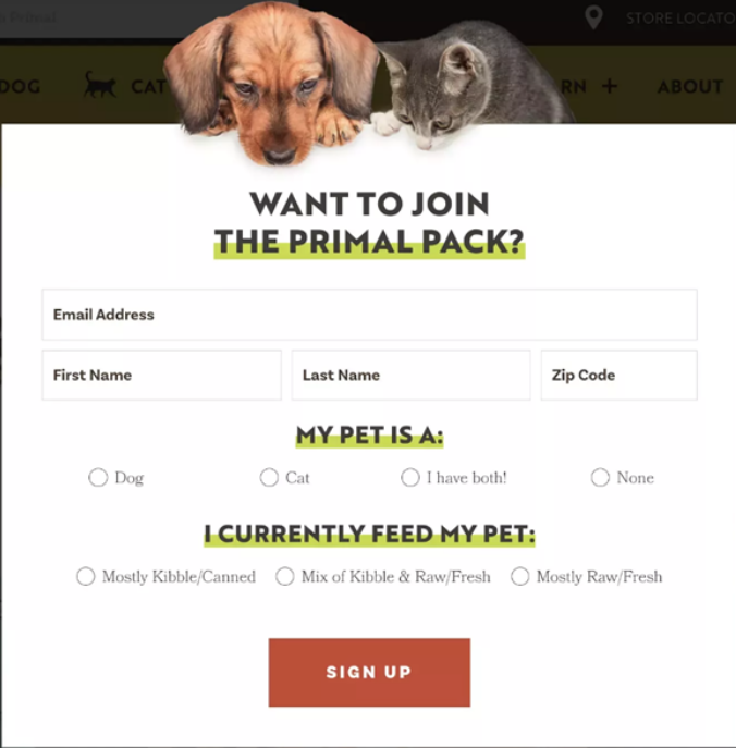 Primal pet foods sign up form