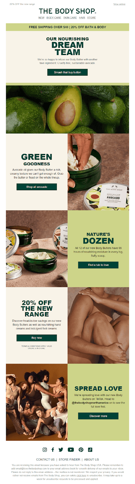 The Body Shop product newsletter example showcasing their new avocado themed body care line