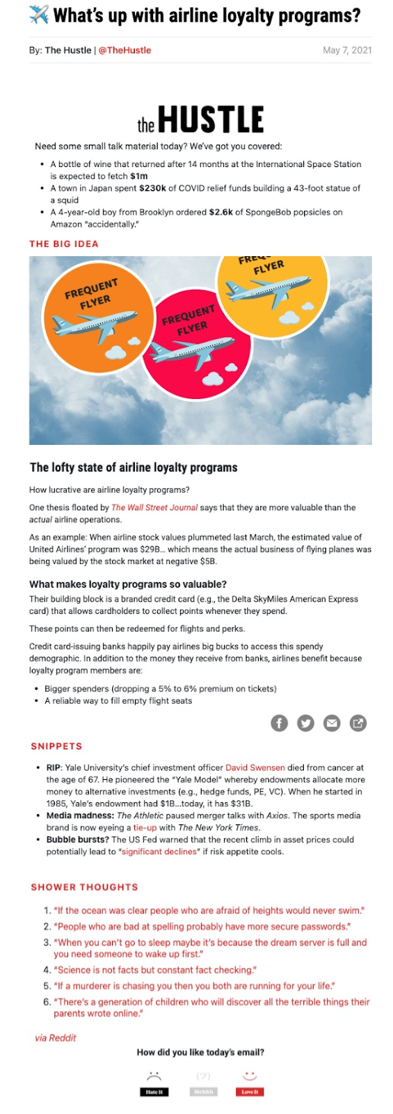 The Hustle email newsletter example describing airline's loyalty program 