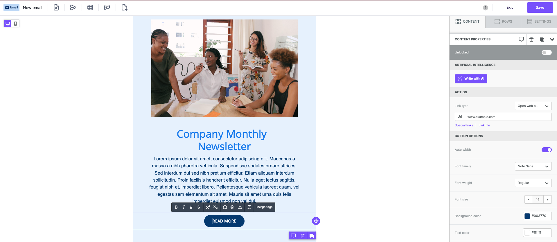 Beefree drag and drop email editor to build email newsletters: adding buttons